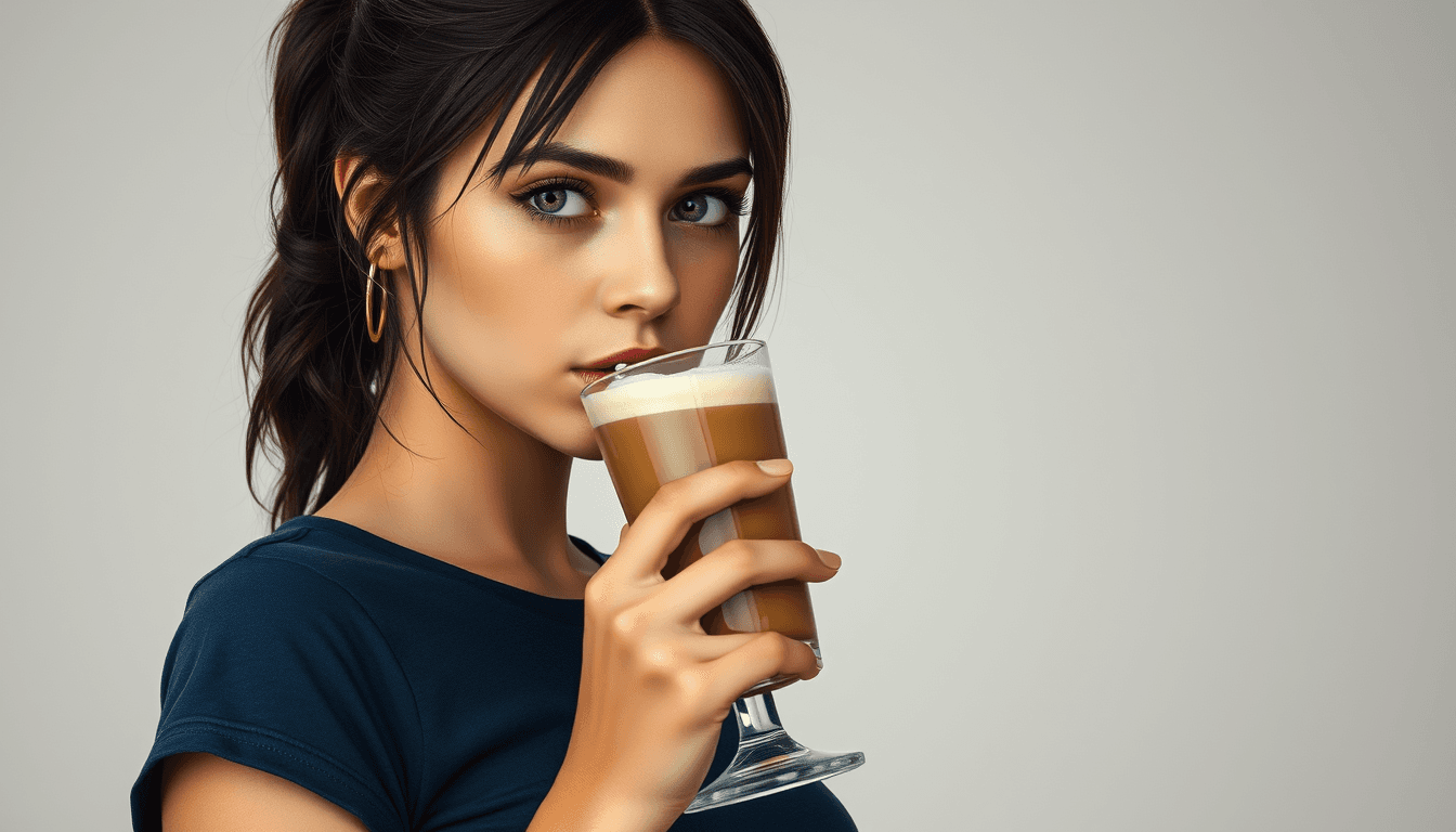 A young Lara Croft alike brunette, in a dark blue t-shirt. She is drinking a cafe latte from a high glass. light grey background with no details. The sun is shining in.