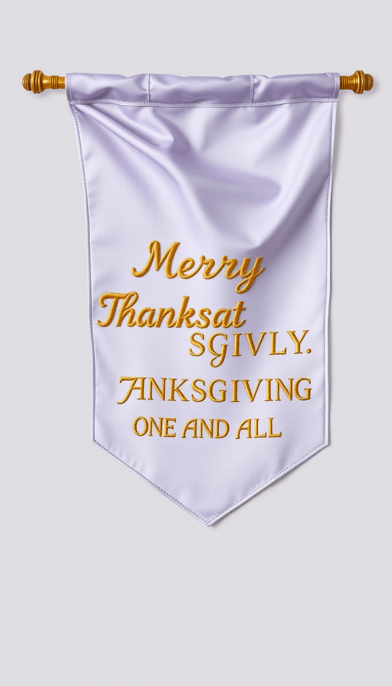 AN IMAGE OF A FLAG SHAPED, WAVY , LAVENDER, SATIN RIBBON BANNER,WITH BRIGHT GOLD EMBROIDERY  AND THE TEXT "MERRY THANKSGIVING ONE AND ALL".