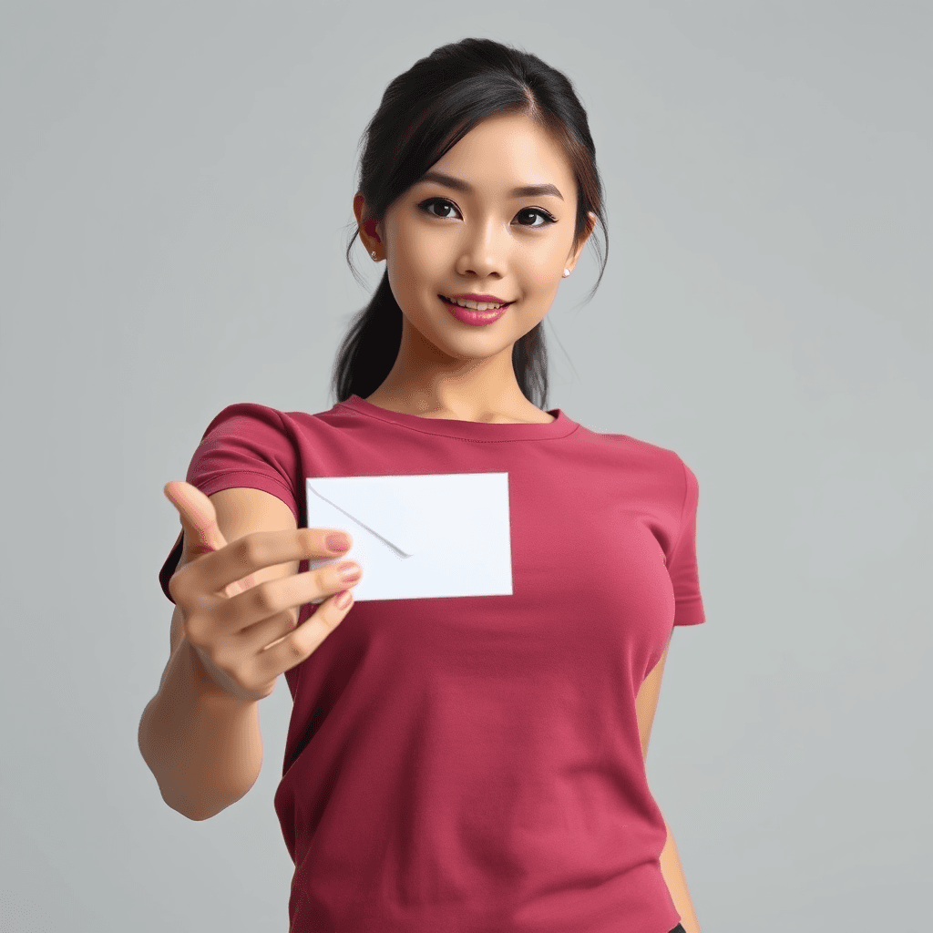 create a photorealistic 3d close up image from the waist up to the top of the head of a young busty beautiful chinese woman with purple eyes wearing a dark pink t-shirt, is well trained and have very visible abdominal muscles. She is stretching out one of the hands holding a small white envelope. Light gray background