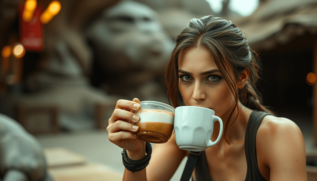 Lara croft drinking a cup of coffee