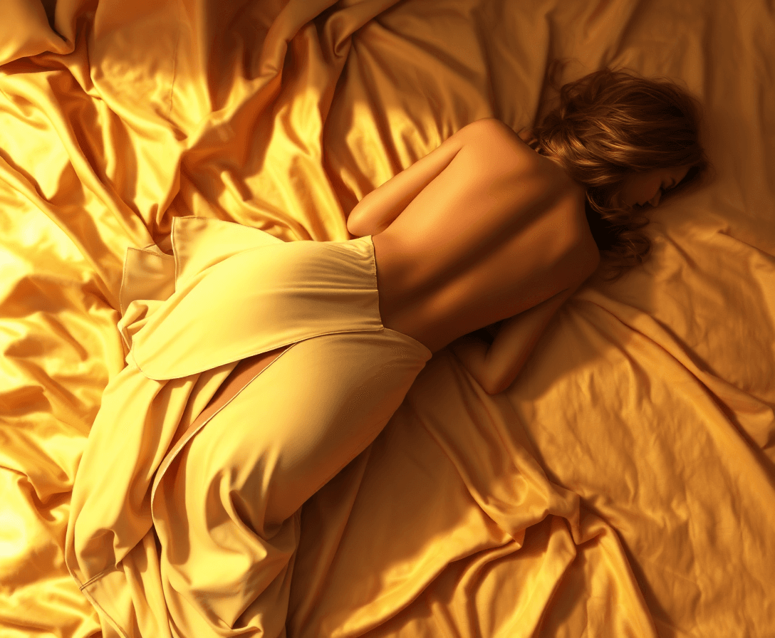 2B lying on her side atop satin sheets, wearing a stylized version of her dress with an open back and slit. Her upper body is turned gently, exposing the soft curve of her back and shoulders. Golden lighting enhances skin tone and fabric texture, intimate but tasteful.
