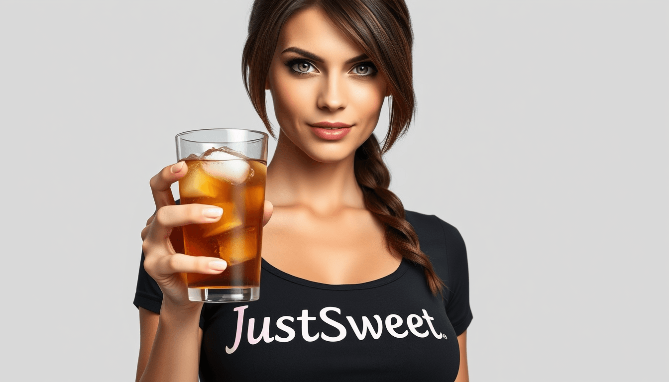 A photo realistic Lara Croft look alike busty brunette woman, with green eyes wearing a black top with the text JustSweet. she is holding a glass of ice tea with ice cubes. The shirt have the text JustSweet.  light grey background without details.