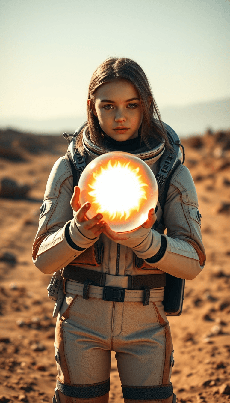 a teenage girl holding a transparent ball containing the sun, dressed in a futuristic space suit