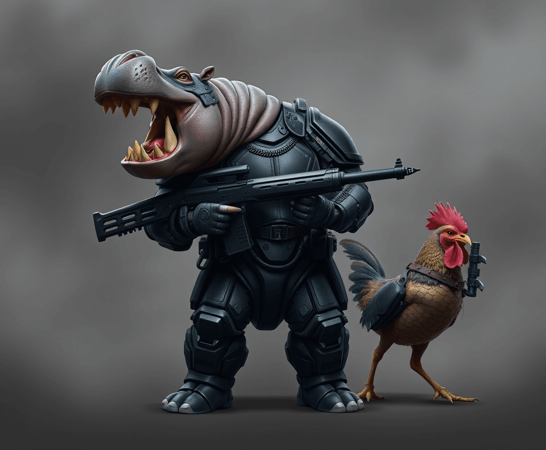 Hippo-Man wearing black techno armor and holding a rife. Robot battle chicken walking alongside him.