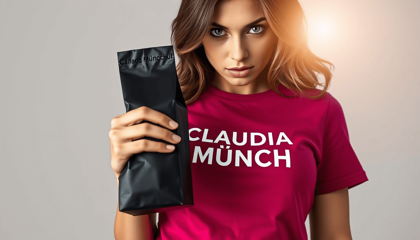 A photo realistic sexy busty sensual woman, with green eyes wearing a dark pink t-shirt with the text "CLAUDIA MÜNCH" in white. she is holding out a black coffeebag size 12 cm wide and 18 cm high. No text on the bag. Light grey background without details. Sun is shining in