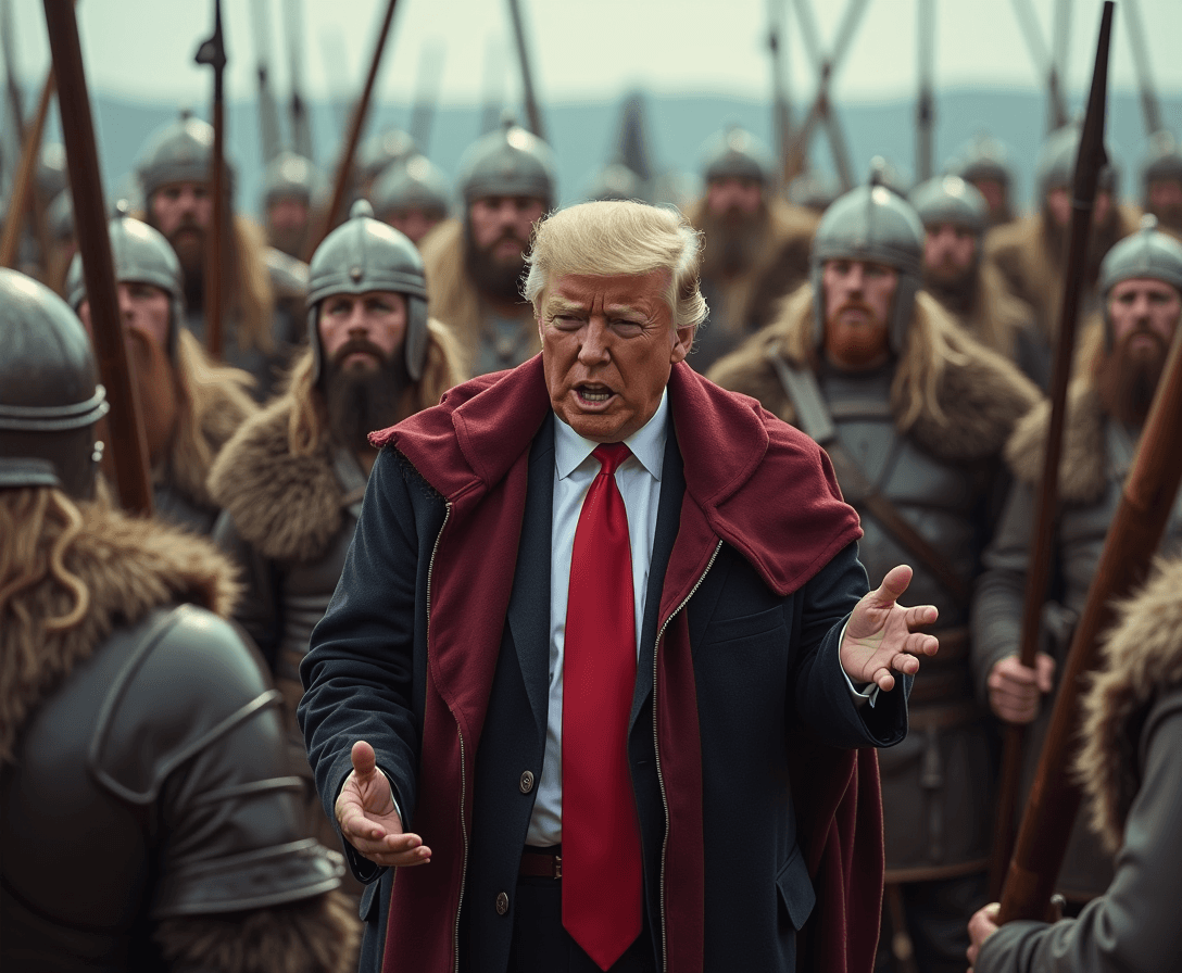 donald trump speaking to a legion of Viking warriors. 
