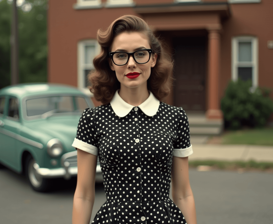 create a ((full-body)) image of a 22 year old woman from the 1950s; she has shoulder length brown hair; she is wearing red lipstick; she is wearing black rimmed glasses; she is wearing a black on white polka-dotted swing dress; cinematic; realistic, high-definition; ((full-body)); she is standing in front of a 1950s real estate office that was built from an old 3 story house