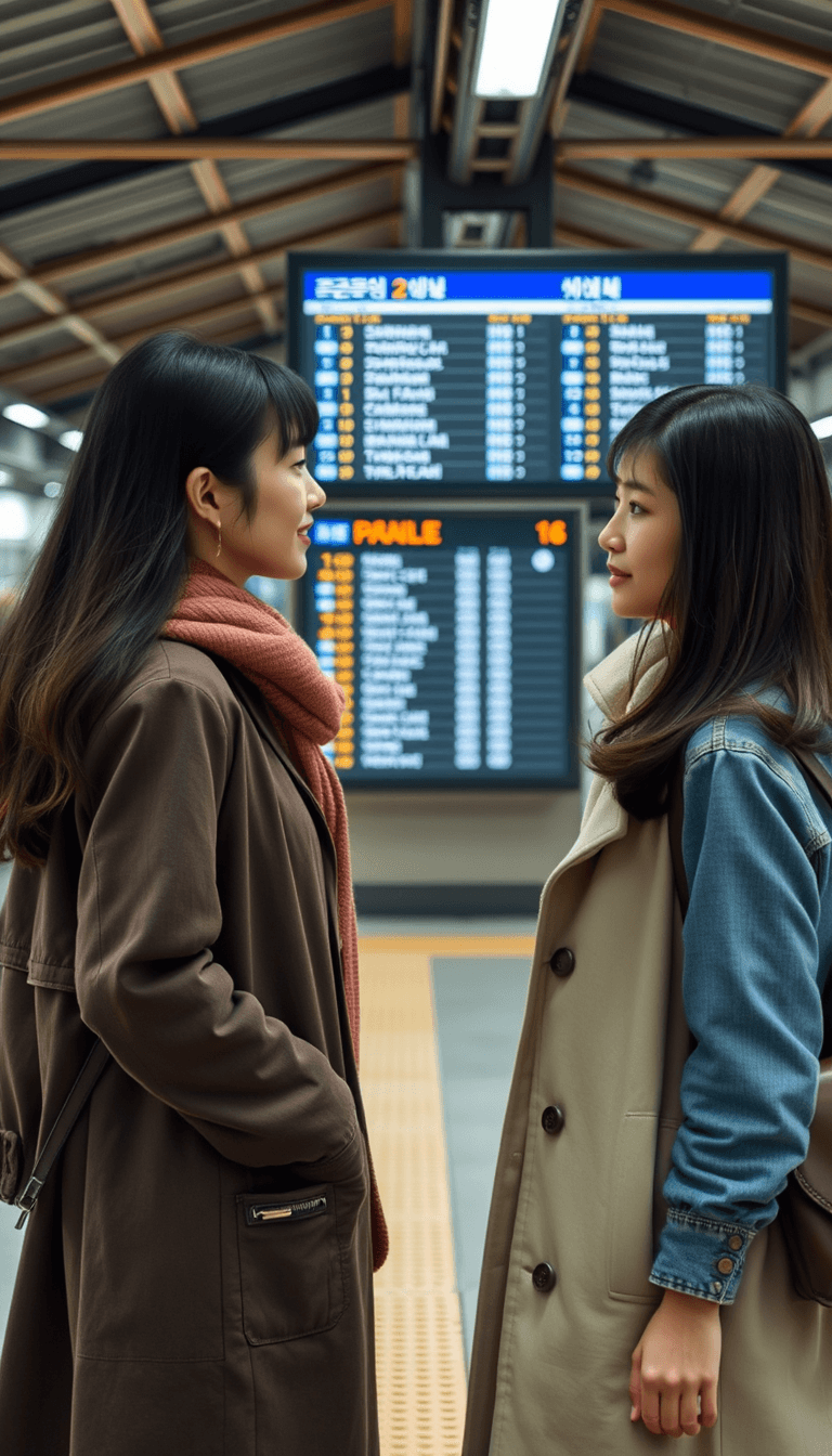 make a  realistic photo of a korean woman asking another korean woman which train she should take. the place is a railstation with display board in the back. there should be no text in the picture
