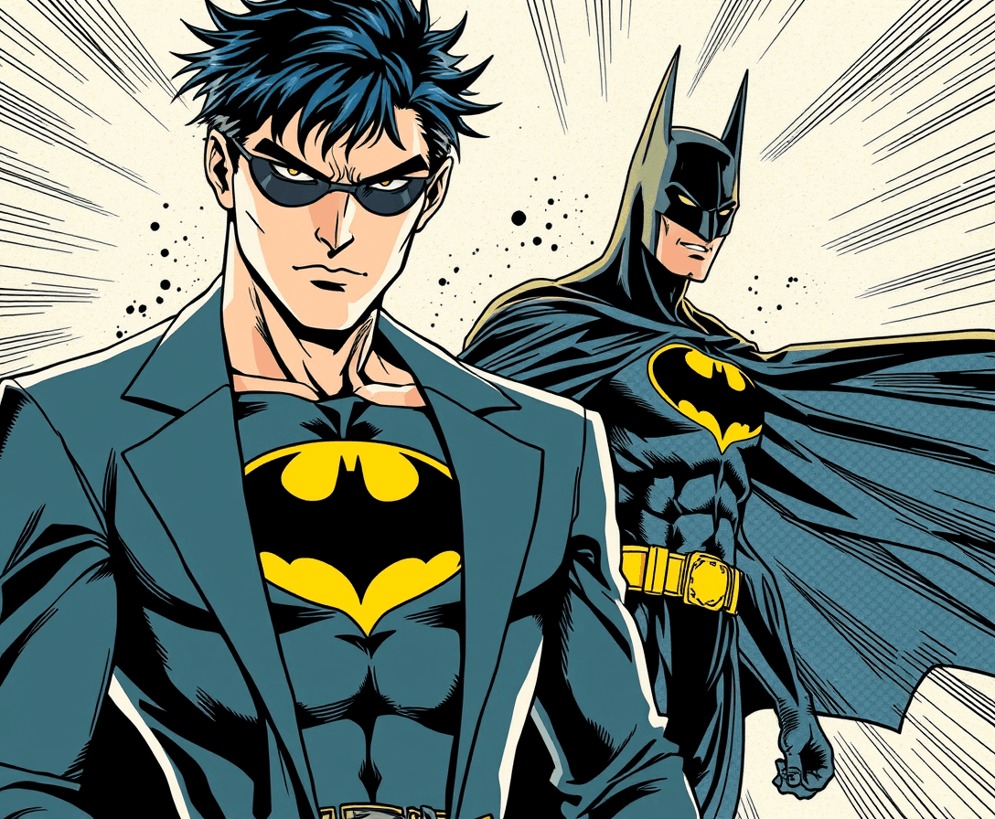 a mix of Leonaro Di Caprio and Batmat in manga art
