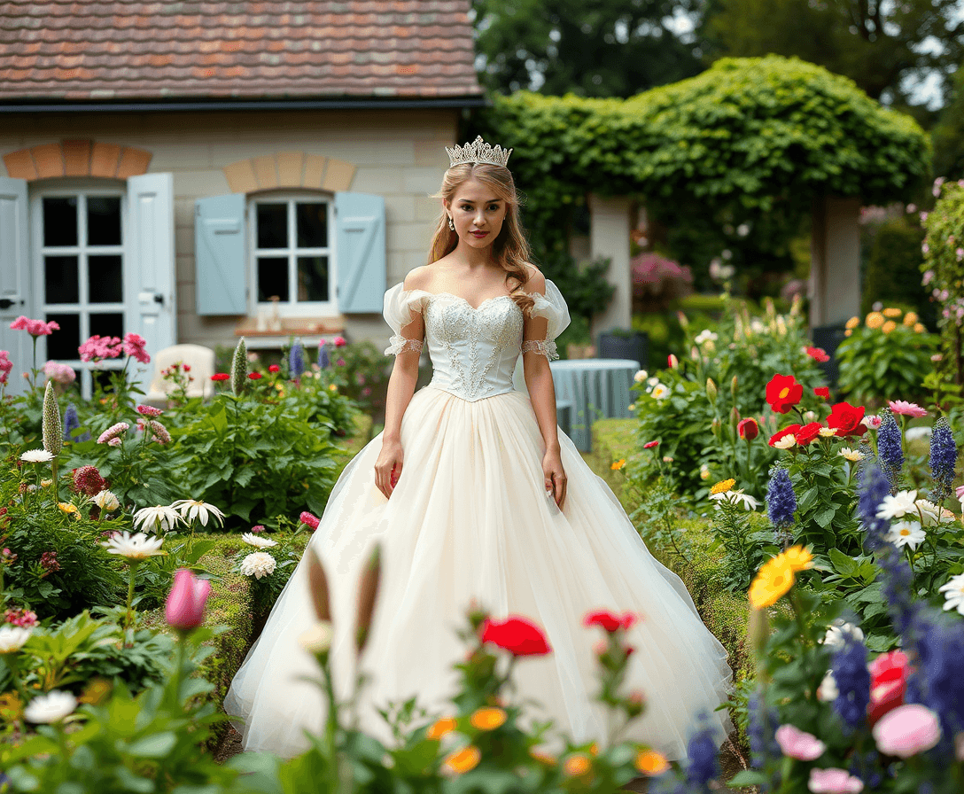 A princess standing in a french country cottage garden