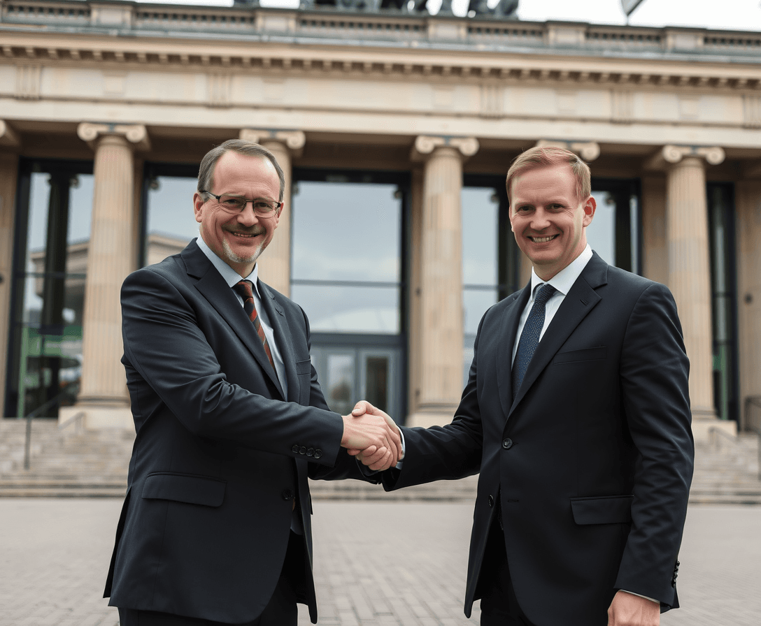 a picture from german canciller Olaf Scholz giving the hand to bjorn höcke from AFD partei. Both are in front of the bundestag buidling in berlin. They are wearing a black suit with a tie.