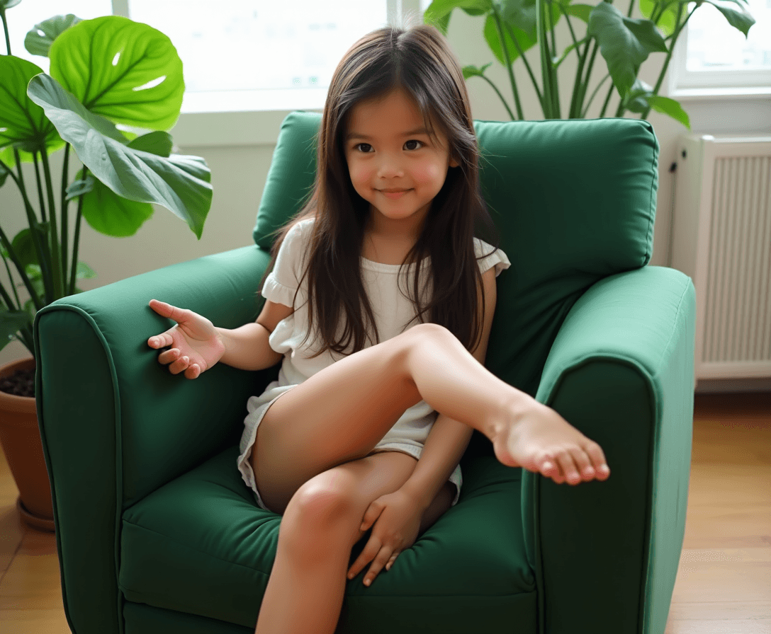 image shows a girl sitting on a green upholstered chair in a room with large green plants in the background. The individual has long, dark hair and is posed with their legs spread apart, revealing. The setting appears to be indoors near a window, with natural light illuminating the scene.
