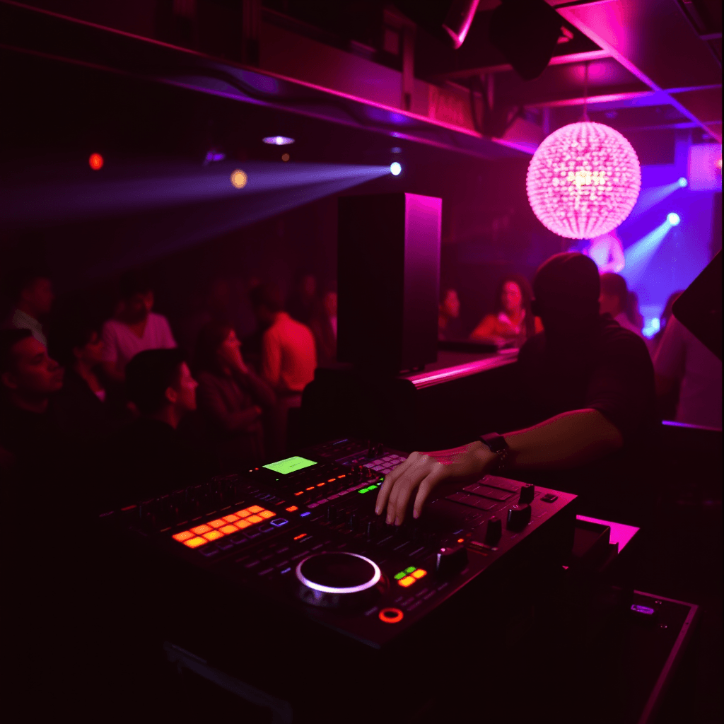 A classic DJ working with a Rodec MX-18 mixer from a DJ booth in a discotheque.